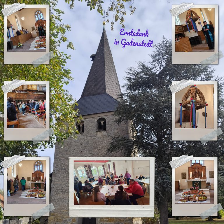 Eine Fotocollage mit Bildern vom Gottesdienst und Erntedankempfang.