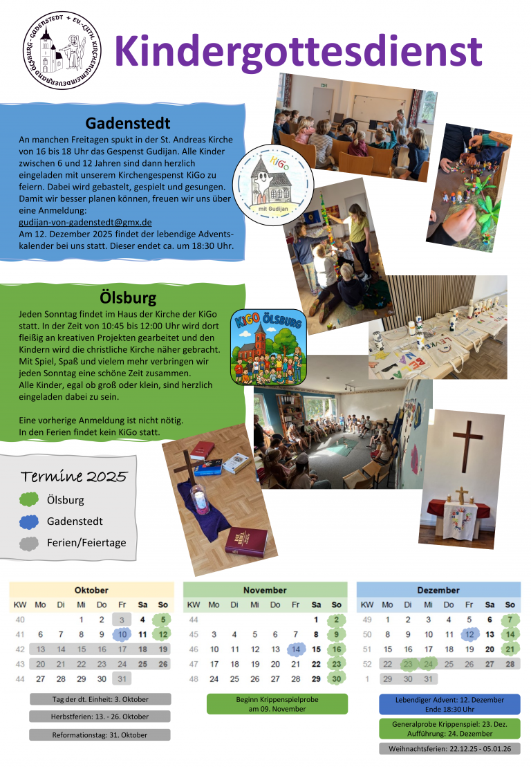 Ein Plakat zum Bewerben der gemeinsamen Kindergottesdienstarbeit. Zu sehen sind Bilder von Kindern, ein Kalender mit eingezeichneten Terminen und Texte zu den Gemeinden.